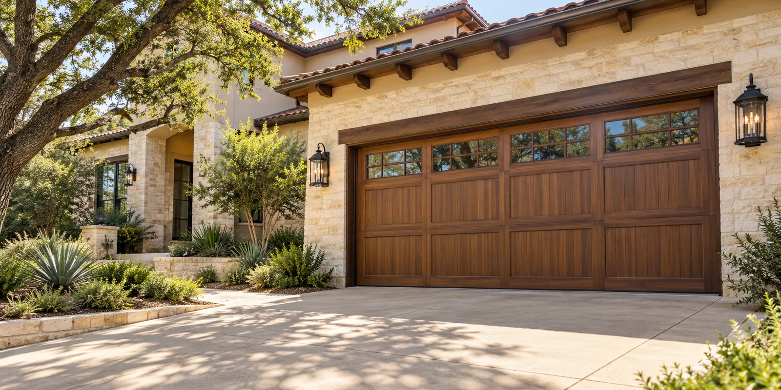 Illustrative limestone home with a wood-tone sectional garage door